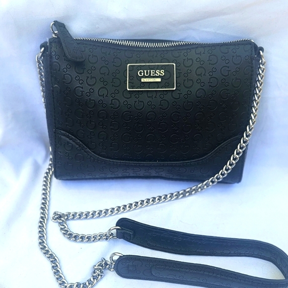 GUESS Black Monogram Shoulder/Crossbody Bag Silver Chain Detail EUC - Picture 1 of 5